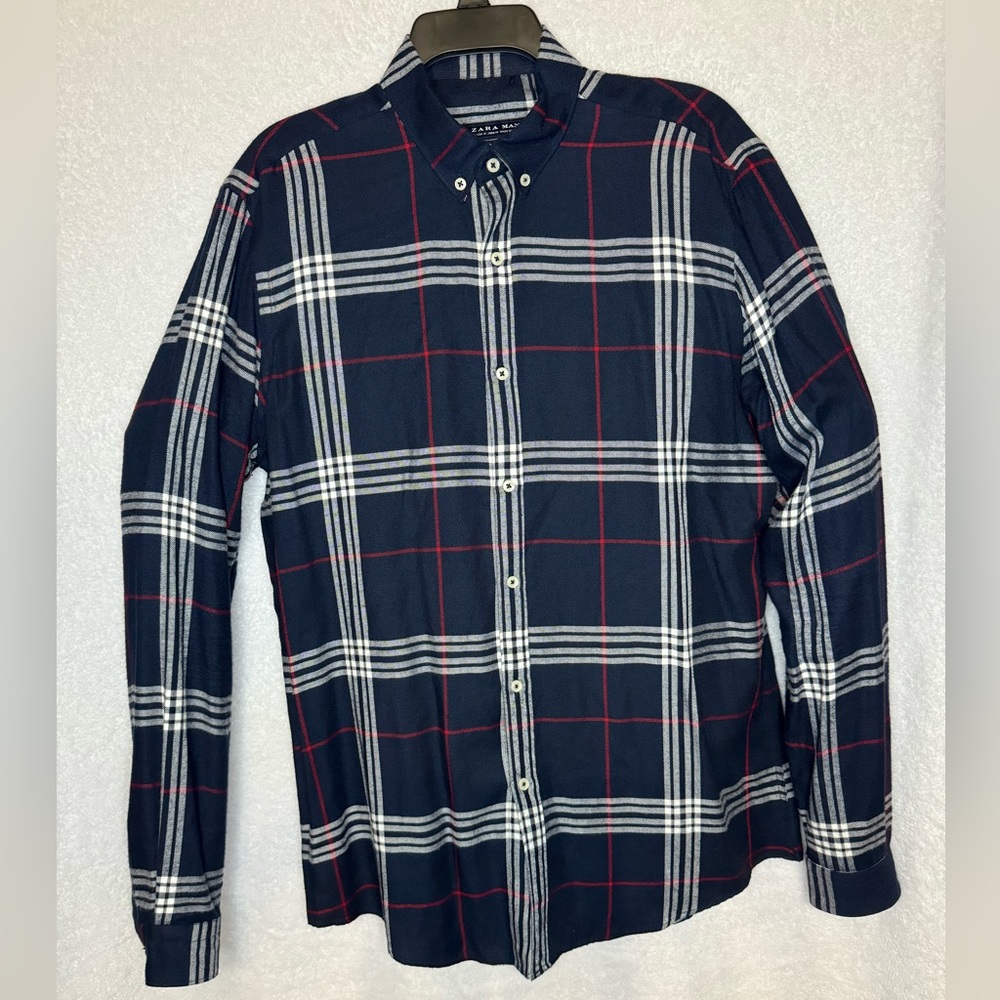 Zara Man Plaid Relaxed Fit Shirt Size M, Dark Navy Blue/ Grey/Red